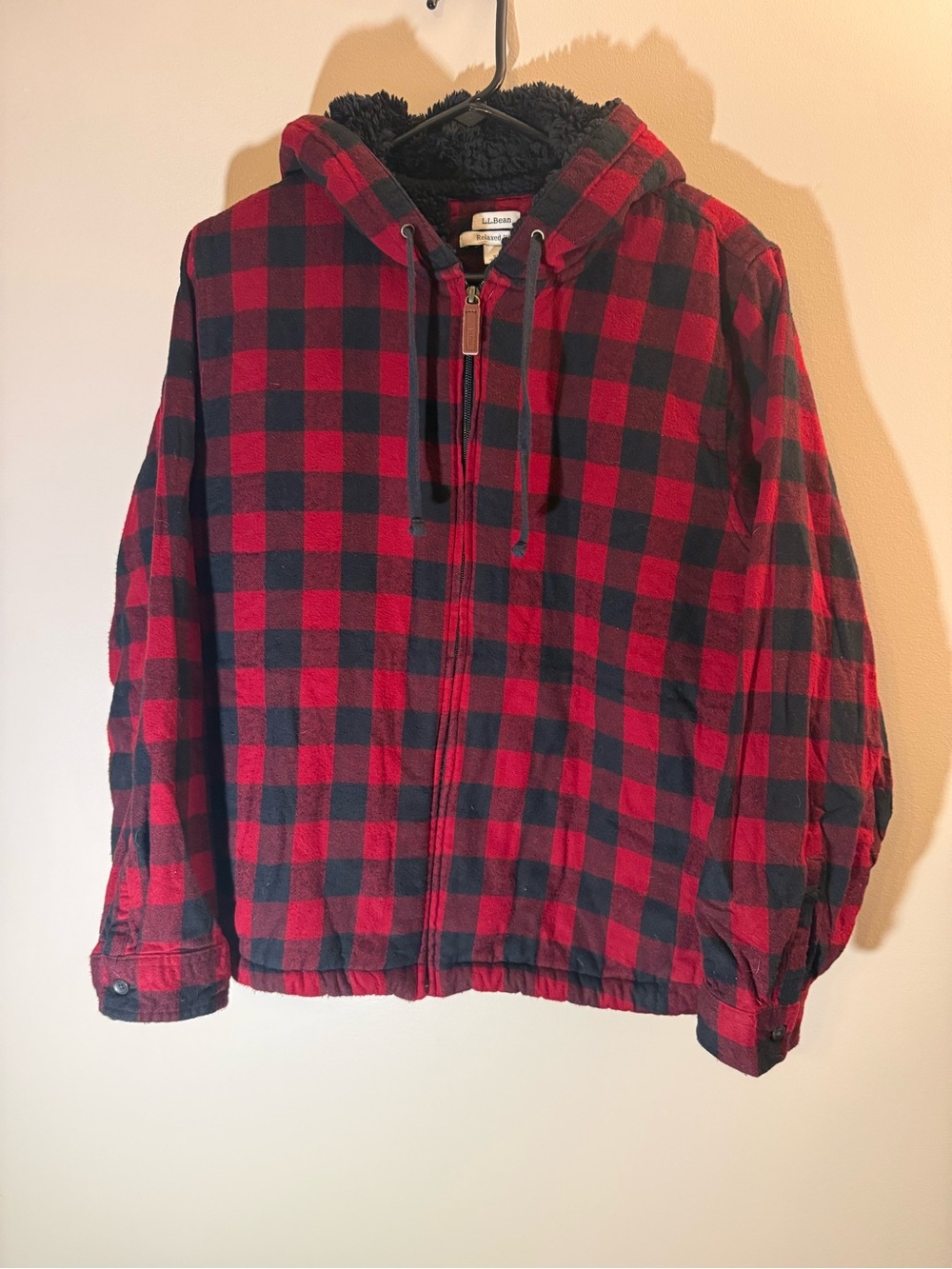 L.L. Bean Women’s Red and Black Plaid Sherpa-Lined Hooded Puffer XL Petite